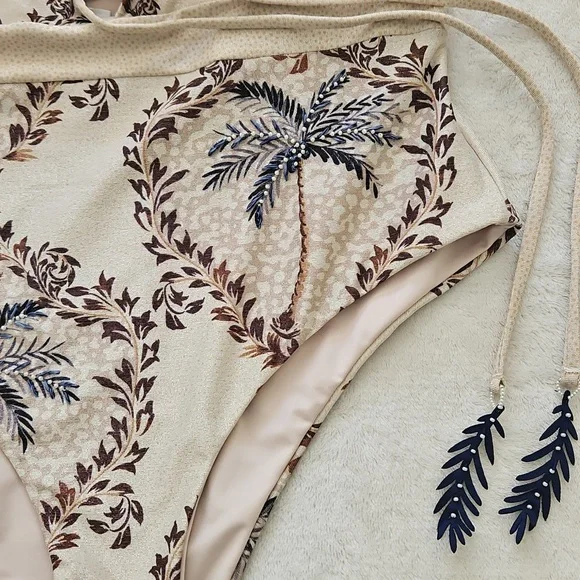 NWT Cosita Linda Elegant Palm Print One-Piece Swimsuit:Tan/brown/navy: Size- Med - Picture 3 of 13